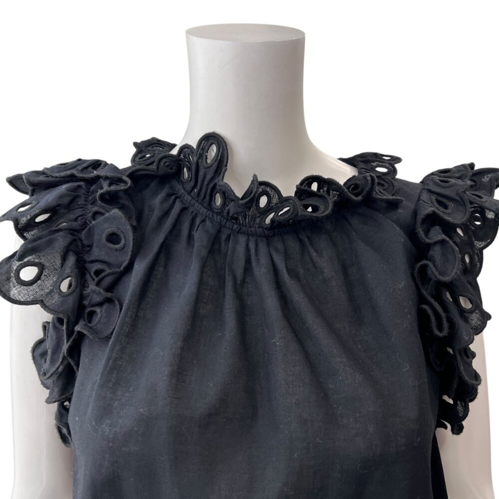 $275 Sea Black Eyelet Short Sleeve Linen Natuli Blouse size Small - Picture 3 of 8